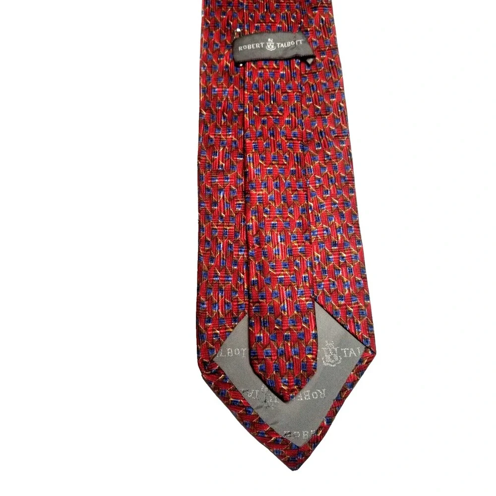 Robert‎ Talbott Red Geometric Foulard Print Blue Brown Pointed Tie USA